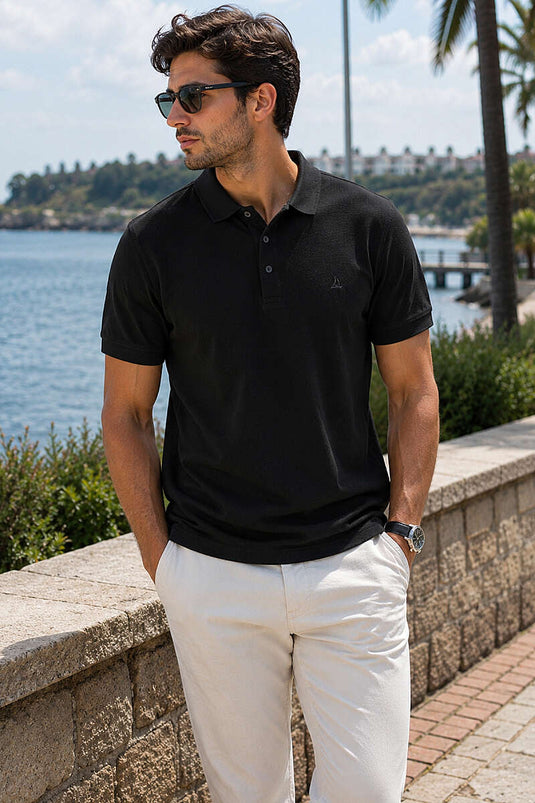 Düğmeli Polo Yaka Waffle Erkek T-shirt Siyah