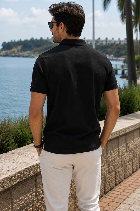 Düğmeli Polo Yaka Waffle Erkek T-shirt Siyah
