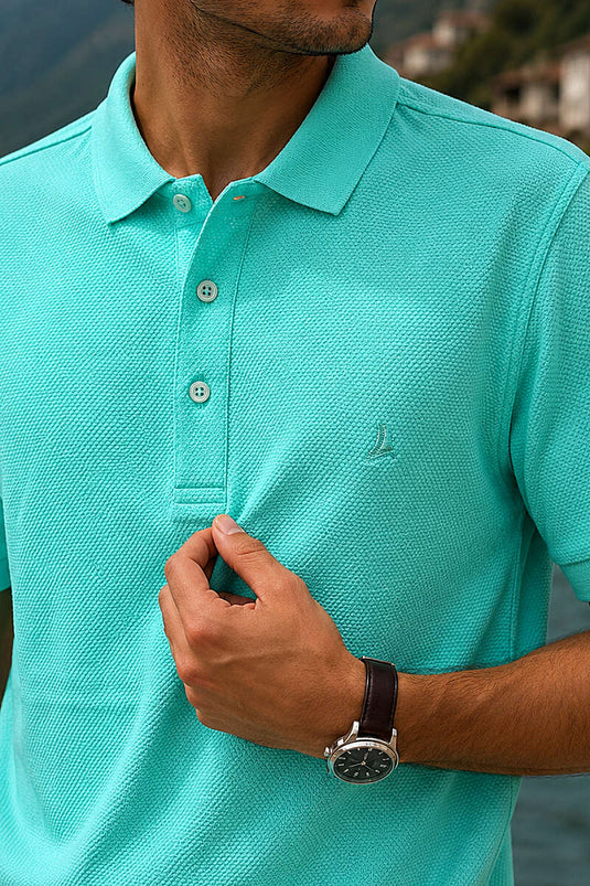 Düğmeli Polo Yaka Waffle Erkek T-shirt Su Yeşili