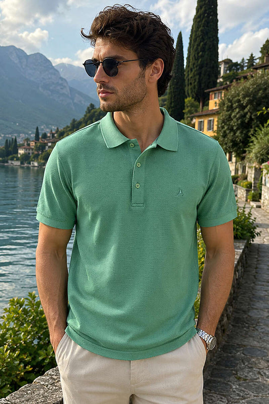Düğmeli Polo Yaka Waffle Erkek T-shirt Yosun Yeşili