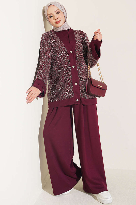 Completo Tre Pezzi Con Bottoni E Paillettes Bordeaux