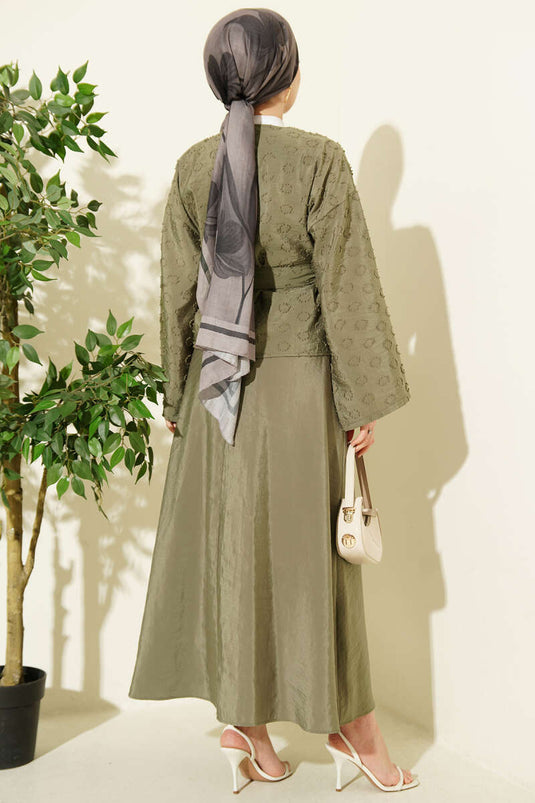 Düğmeli Püskül Detaylı Etekli Takım Haki