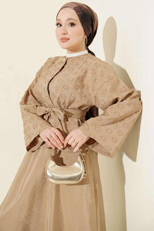 Düğmeli Püskül Detaylı Etekli Takım Latte