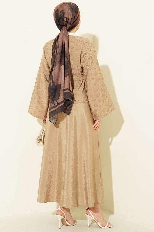 Düğmeli Püskül Detaylı Etekli Takım Latte