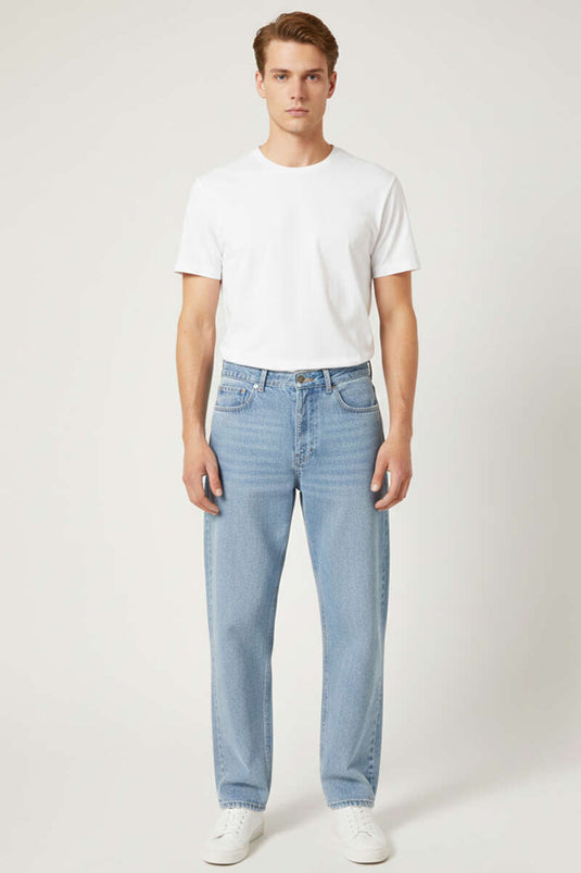 Düğmeli Regular Erkek Kot Pantolon Açık Mavi