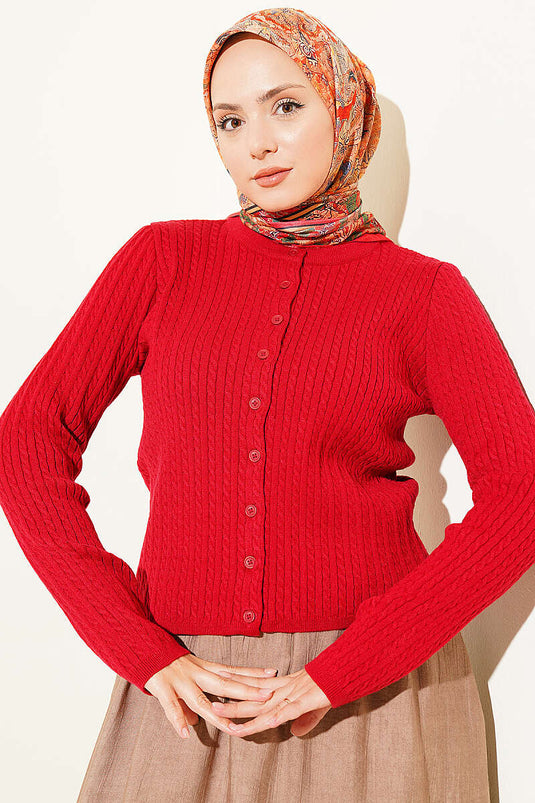 Chaqueta De Punto Roja Con Botones Y Trenza Para El Cabello