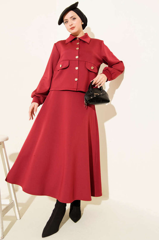 Ensemble Deux Pièces avec Boutons, Poches Fausse, Jupe en Scuba, Bordeaux