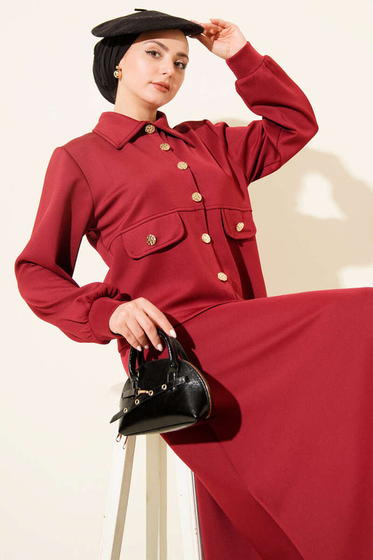 Ensemble Deux Pièces avec Boutons, Poches Fausse, Jupe en Scuba, Bordeaux