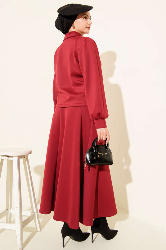 Ensemble Deux Pièces avec Boutons, Poches Fausse, Jupe en Scuba, Bordeaux