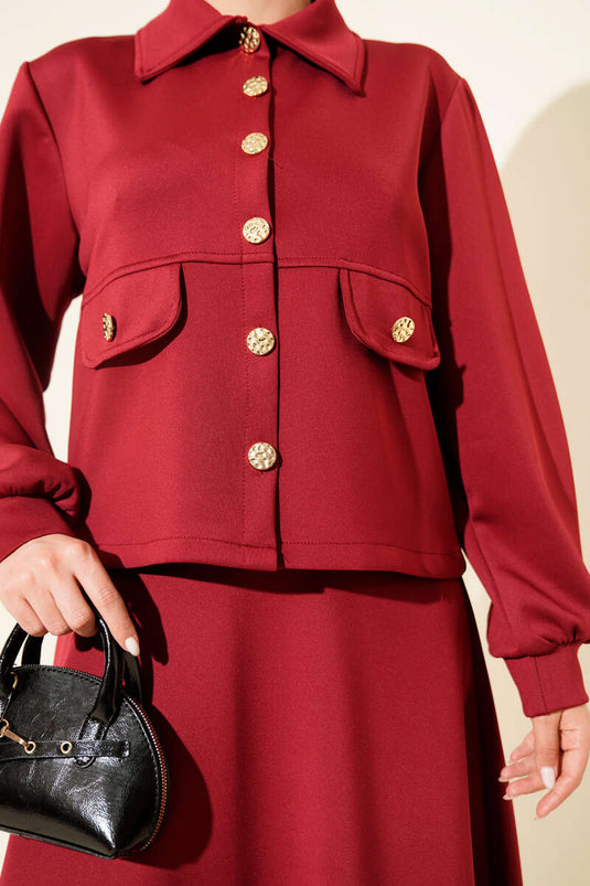 Ensemble Deux Pièces avec Boutons, Poches Fausse, Jupe en Scuba, Bordeaux