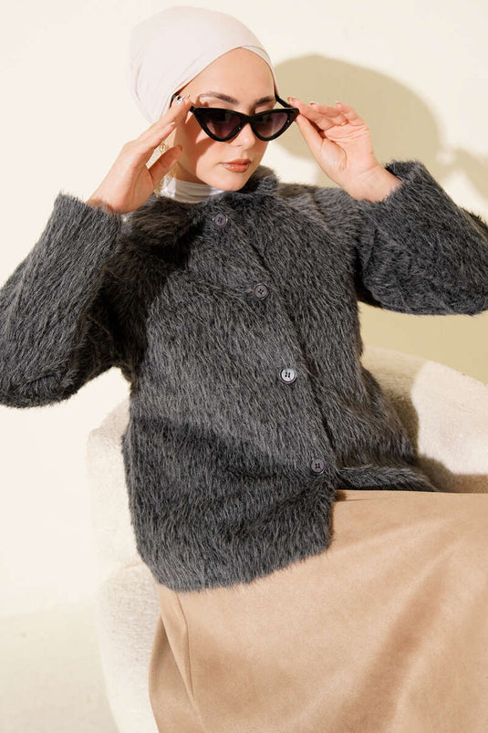 Buttoned Bearded Short Jacket Smoke Color