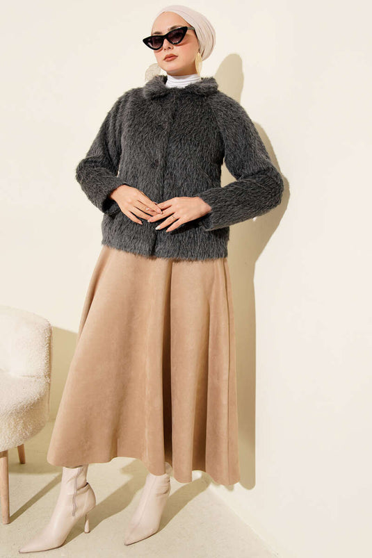 Buttoned Bearded Short Jacket Smoke Color