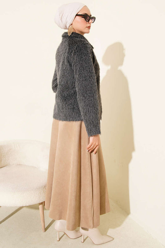 Buttoned Bearded Short Jacket Smoke Color