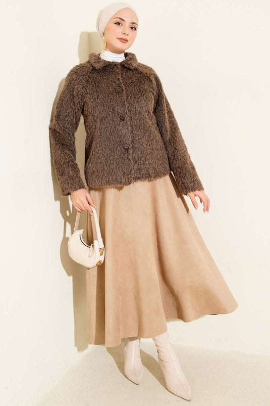 Buttoned Bearded Short Jacket Brown