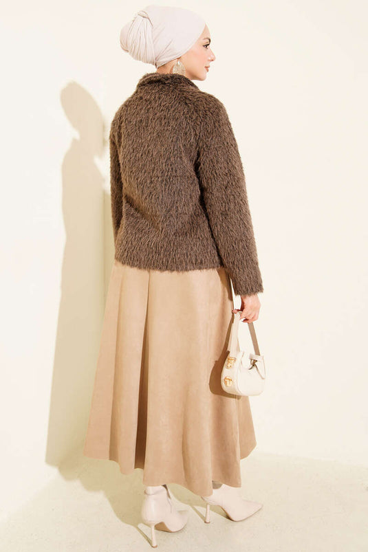 Buttoned Bearded Short Jacket Brown