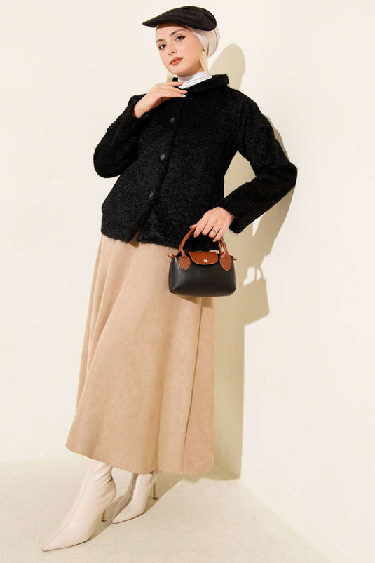 Buttoned Bearded Short Jacket Black