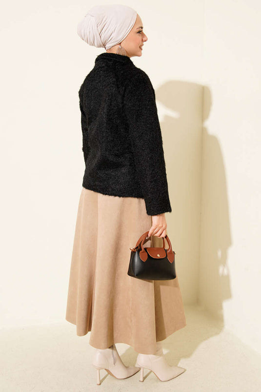 Buttoned Bearded Short Jacket Black