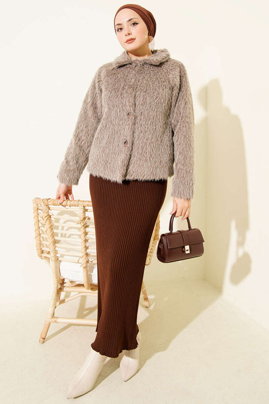 Buttoned Bearded Short Jacket Mink