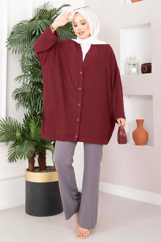 Düğmeli Salaş Aerobin Kimono Bordo