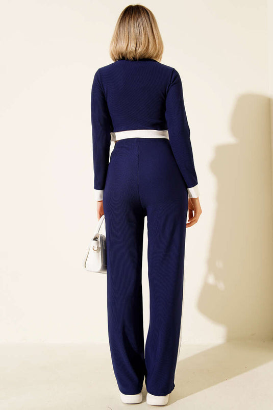 Buttoned Striped Detail Crop Two-Piece Set Navy Blue