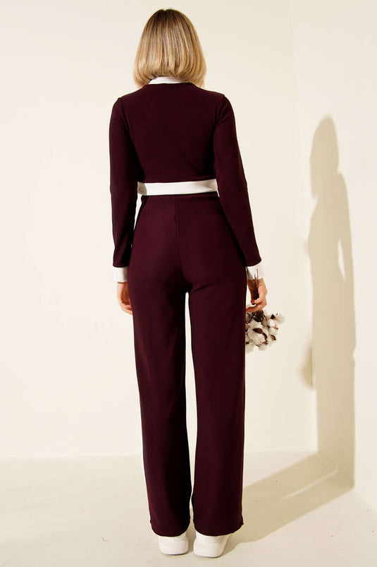 Zweiteiliges Crop-Top-Set mit Knopfleiste und Streifenmuster, Pflaume