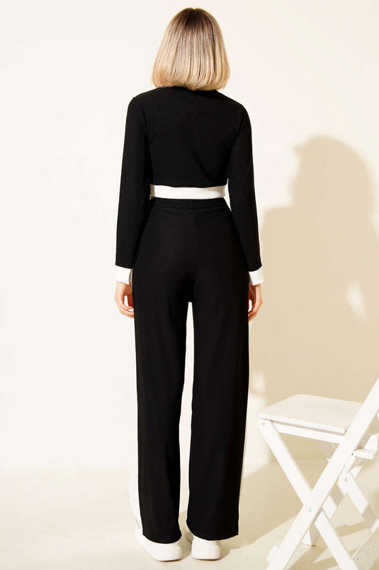 Zweiteiliges Crop-Top-Set mit Knopfleiste und Streifenmuster, Schwarz