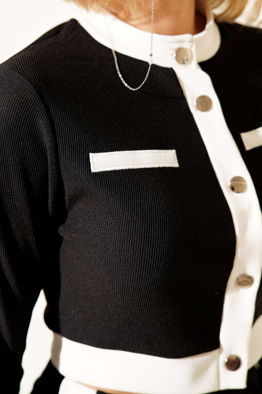 Zweiteiliges Crop-Top-Set mit Knopfleiste und Streifenmuster, Schwarz