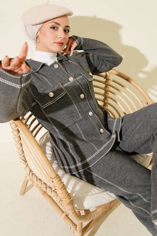 Buttoned Striped Detail Knit Two-Piece Set, Dark Gray