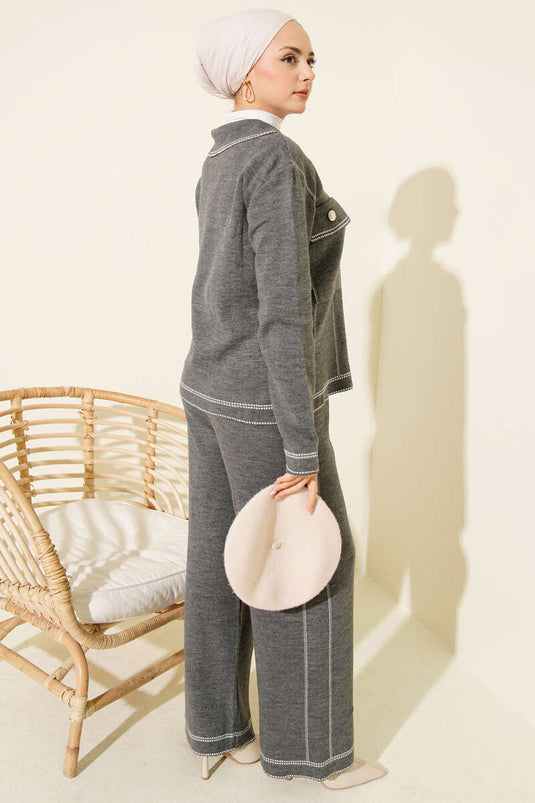 Buttoned Striped Detail Knit Two-Piece Set, Dark Gray