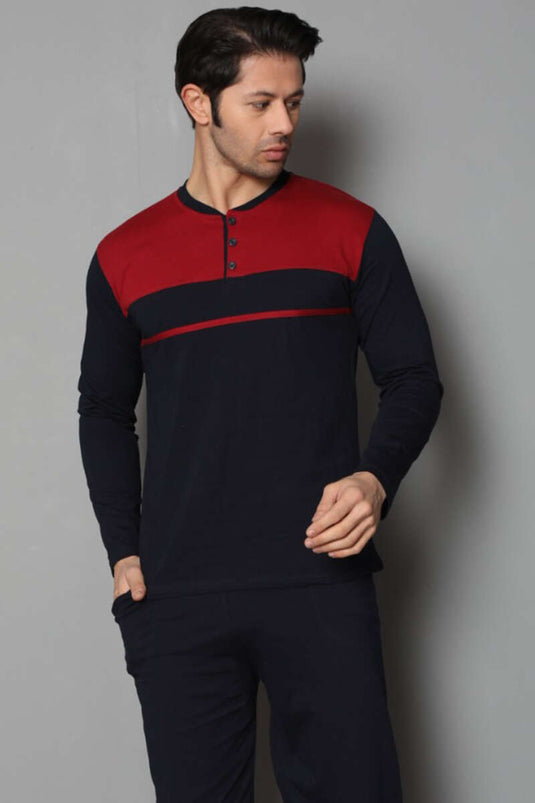 Ensemble de pyjama pour homme à rayures avec boutons, bordeaux