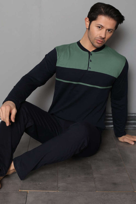 Knopfverschluss Gestreifter Herren Schlafanzug Olivgrün