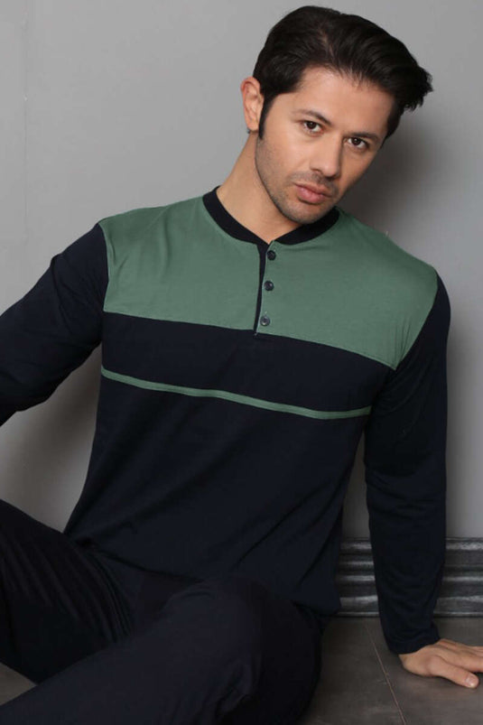 Knopfverschluss Gestreifter Herren Schlafanzug Olivgrün