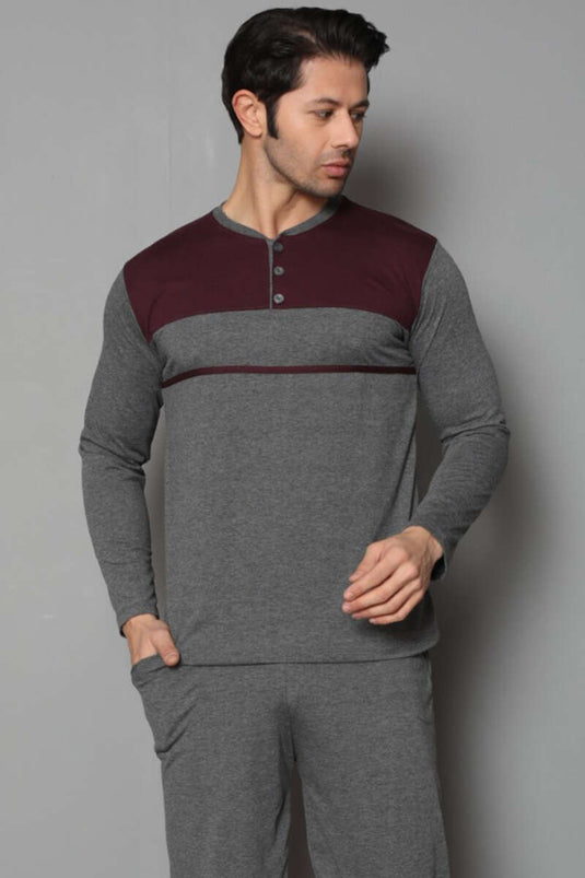 Pyjamapak voor heren met knopen en strepen, bordeauxrood