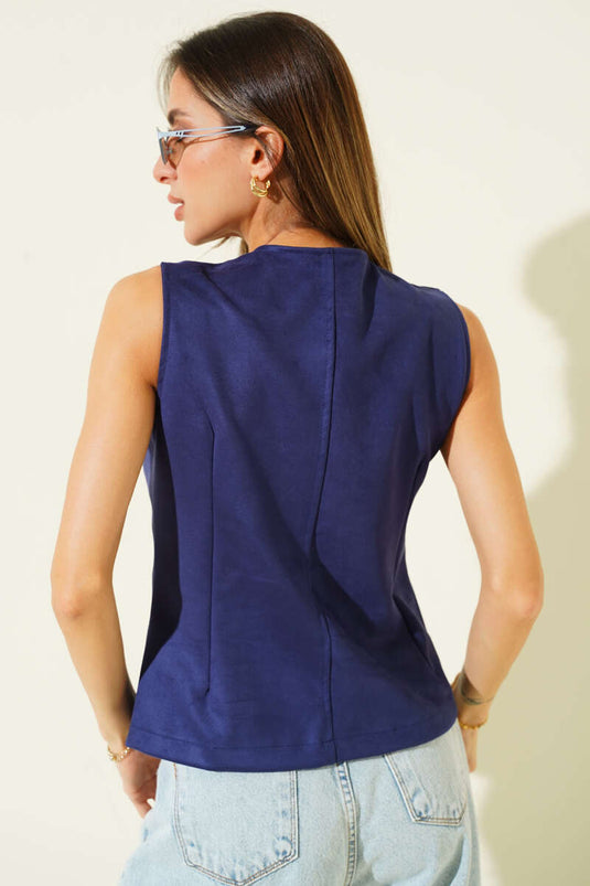 Düğmeli Süet Yelek Lacivert