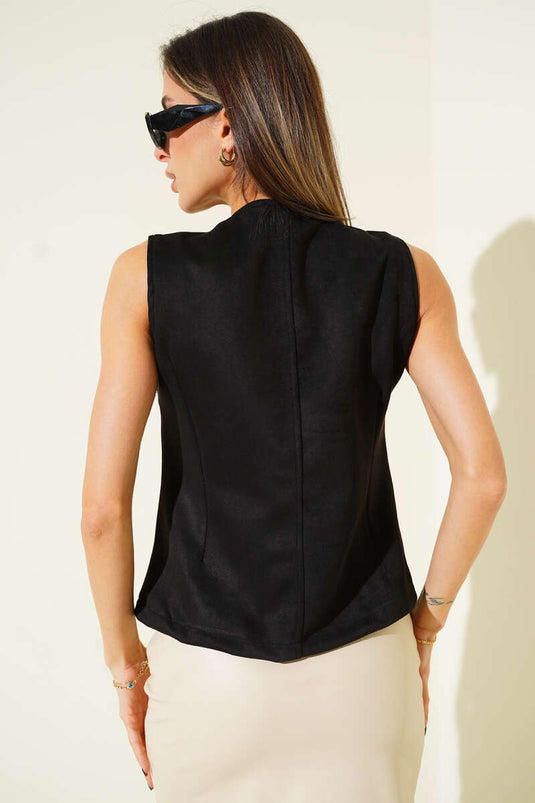 Buttoned Suede Vest Black