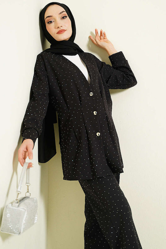 Black Two-Piece Set with Button and Stone Embellishments