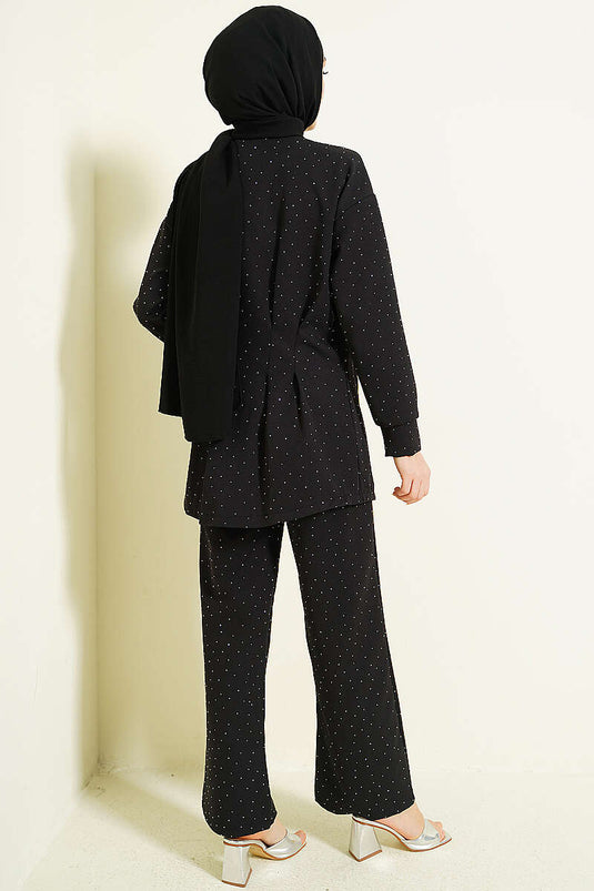 Black Two-Piece Set with Button and Stone Embellishments