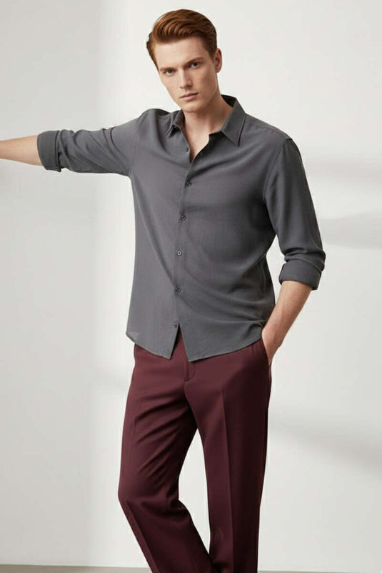 Herenoverhemd van tencel met knopen, antraciet