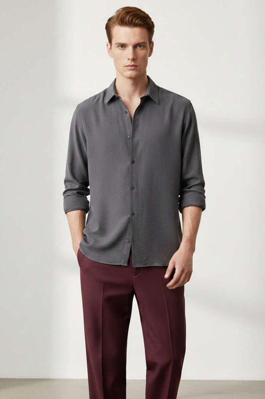 Herenoverhemd van tencel met knopen, antraciet