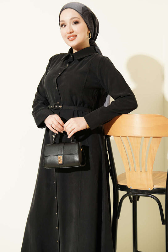 Düğmeli Tensel İnce Kemerli Elbise Antrasit