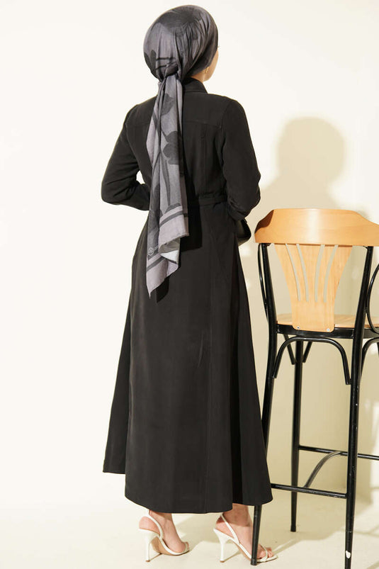 Düğmeli Tensel İnce Kemerli Elbise Antrasit