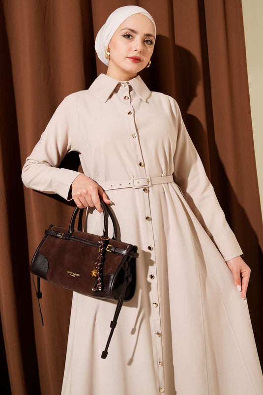 Robe fine en tencel avec ceinture fine et boutons beige