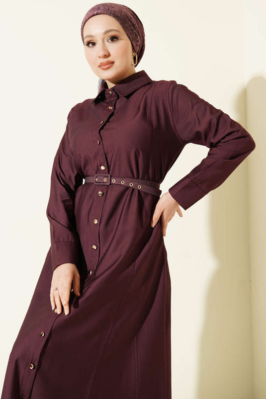 Düğmeli Tensel İnce Kemerli Elbise Mürdüm