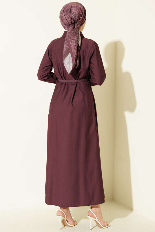 Düğmeli Tensel İnce Kemerli Elbise Mürdüm