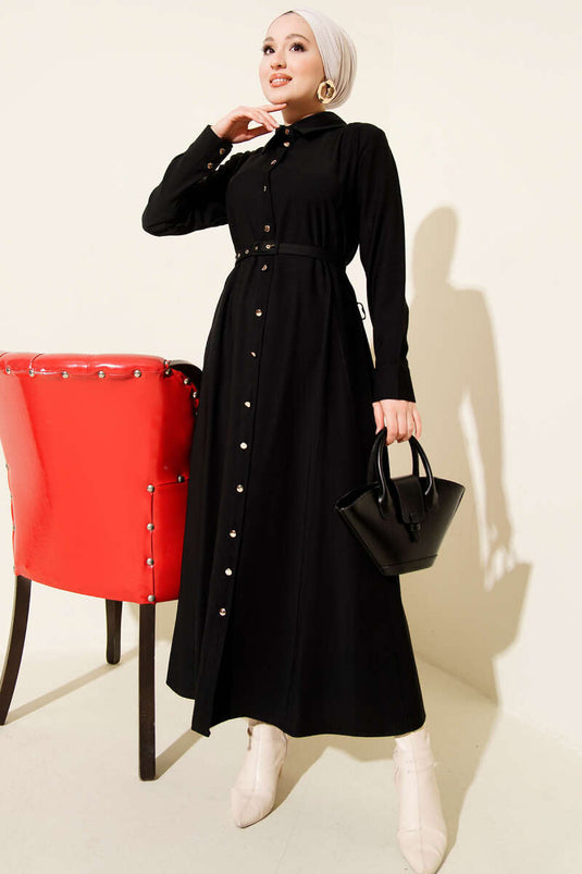 Buttoned Thin Tensel Dress with Belt Black