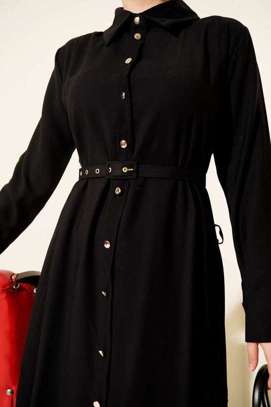 Buttoned Thin Tensel Dress with Belt Black