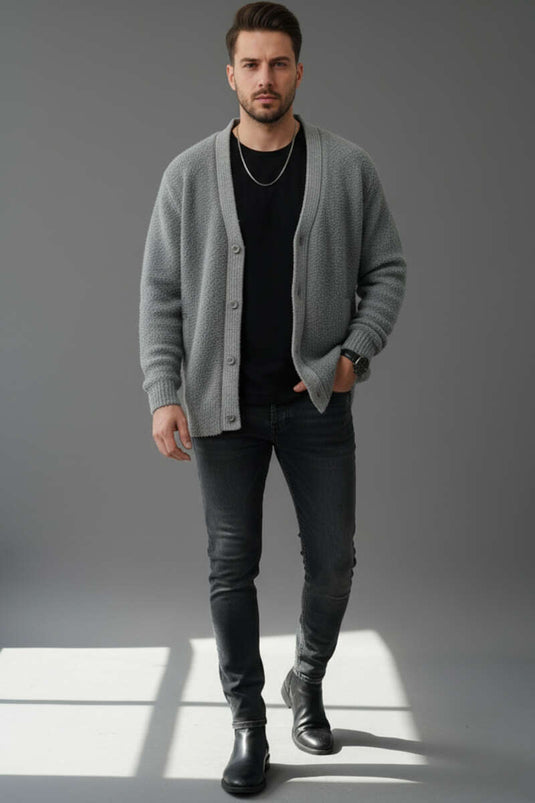 كارديجان رجالي محبوك بأزرار، رمادي