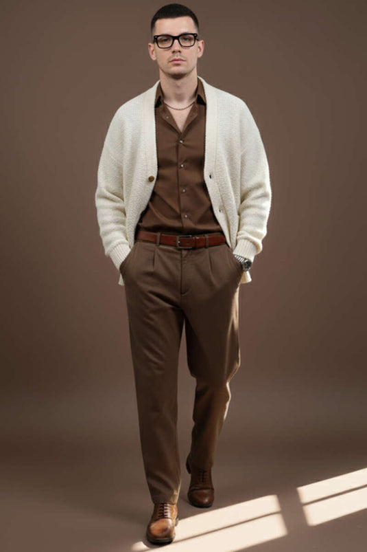 Buttoned Knitted Men's Cardigan, Cream