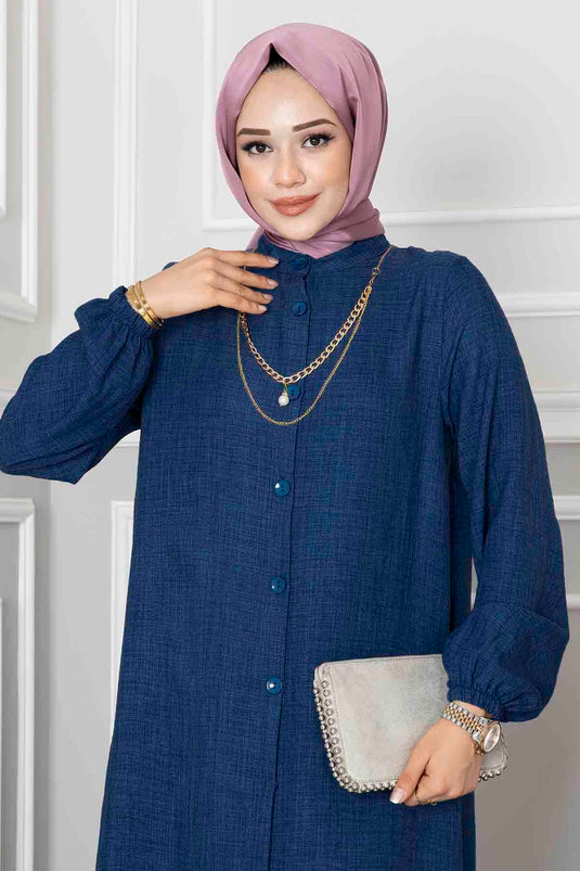 Buttoned Tunic Two-Piece Modest Set Indigo