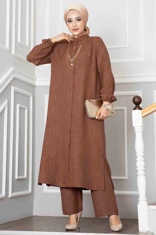 Düğmeli Tunik İkili Tesettür Takım Kahve